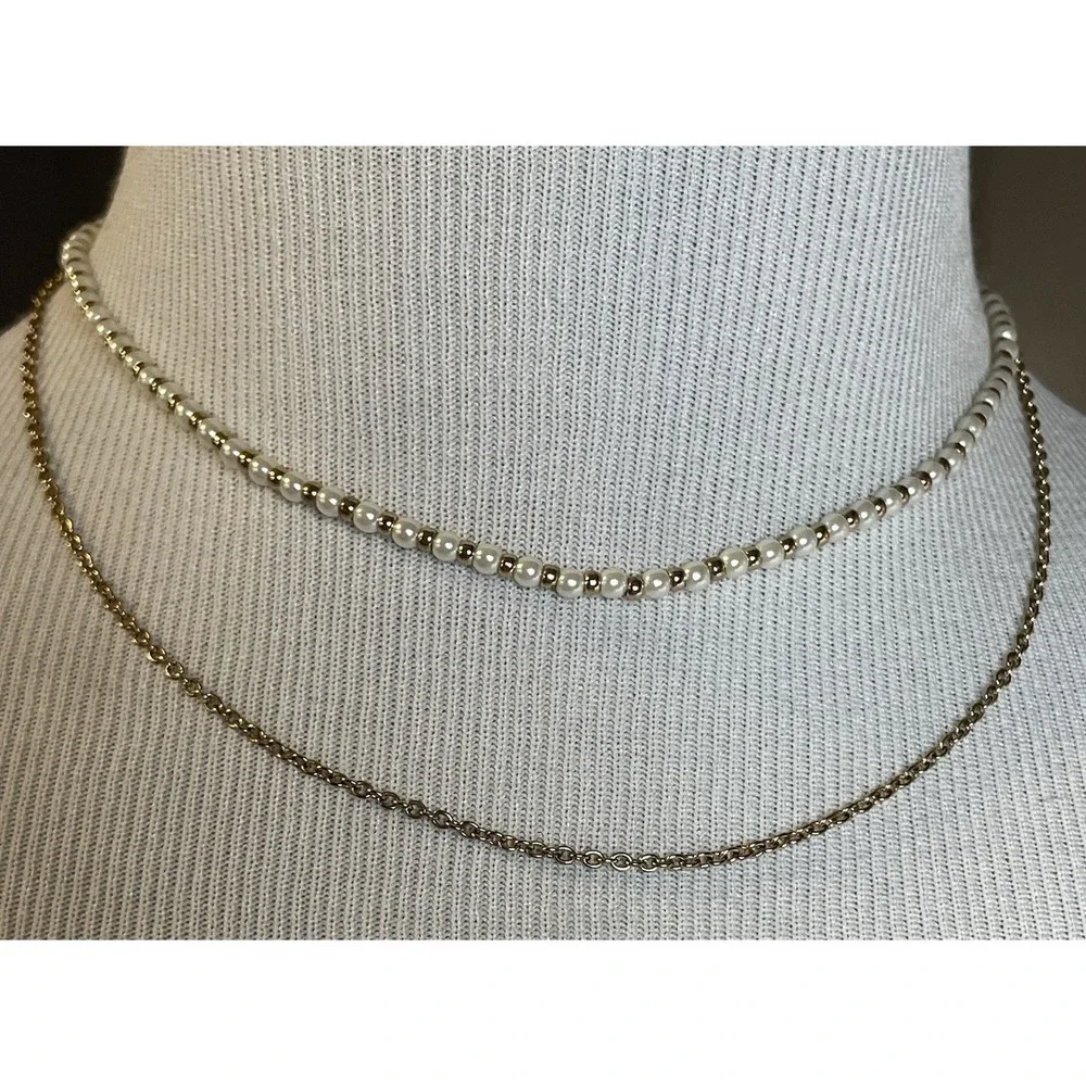 2 Strand Layered Choker Necklace Faux Pearl Gold Tone Cable Chain 12-14" - Picture 2 of 8